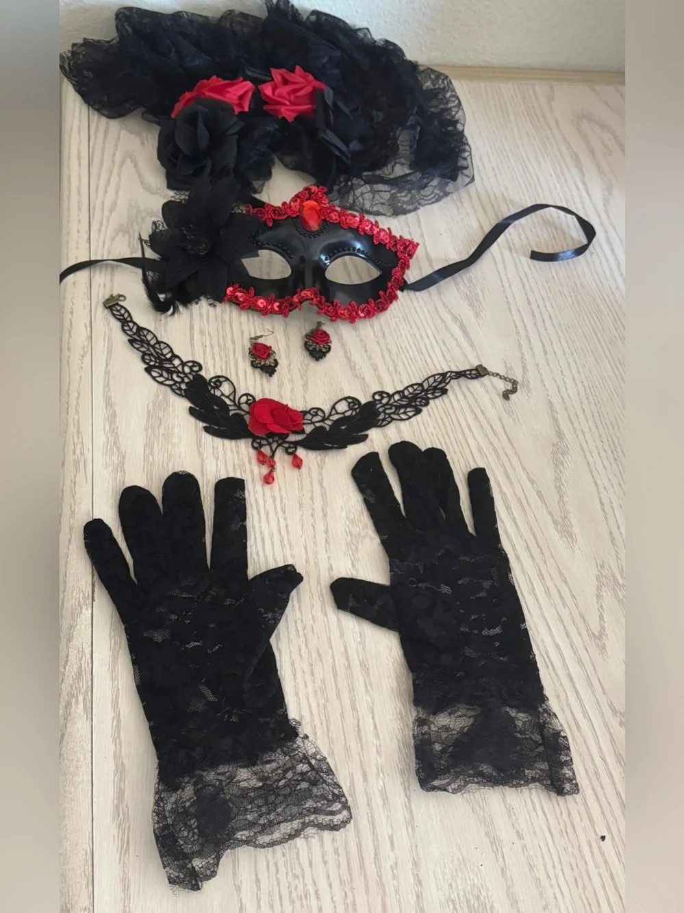 Elegant Gothic Costume Accessory 8 Pcs Set - Headband, Gloves, Jewelry, Mask
